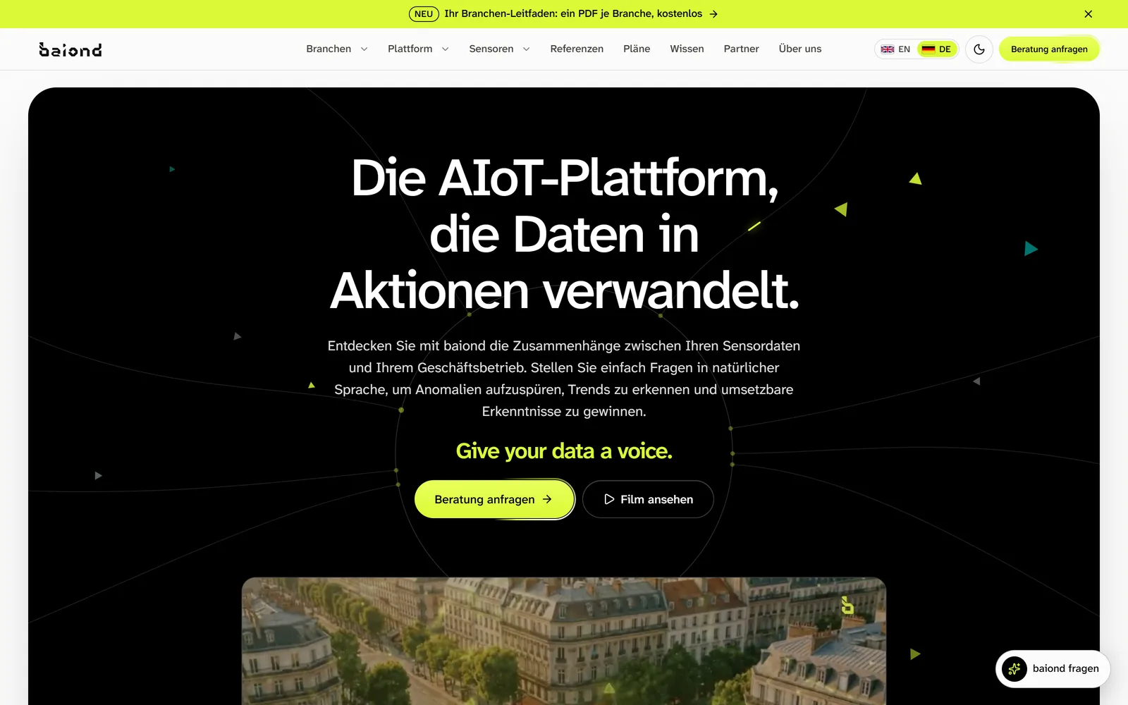 Startseite von baiond – „Die AIoT-Plattform, die Daten in Aktionen verwandelt.“