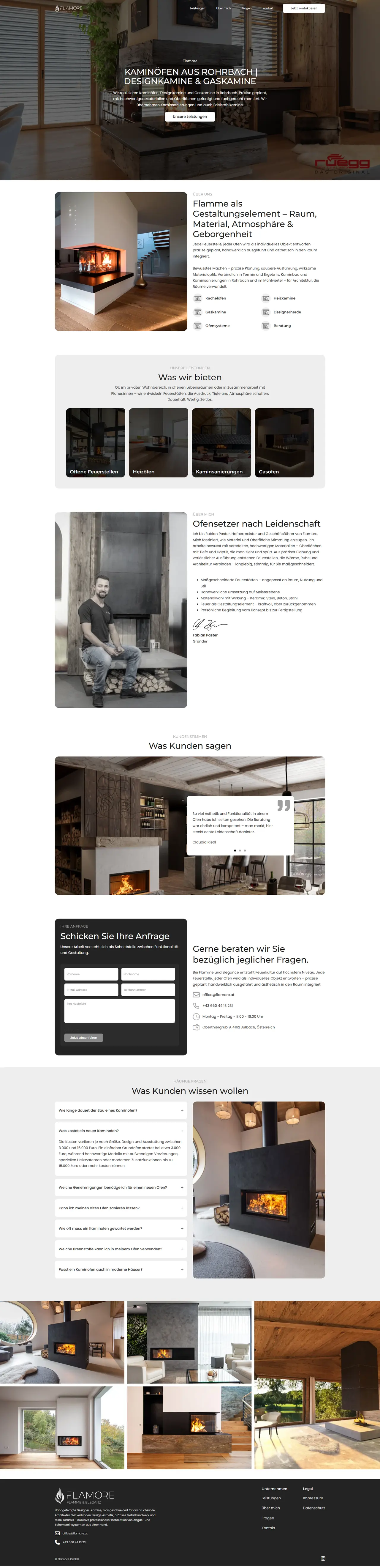 Die komplette Startseite von Flamore als One-Pager