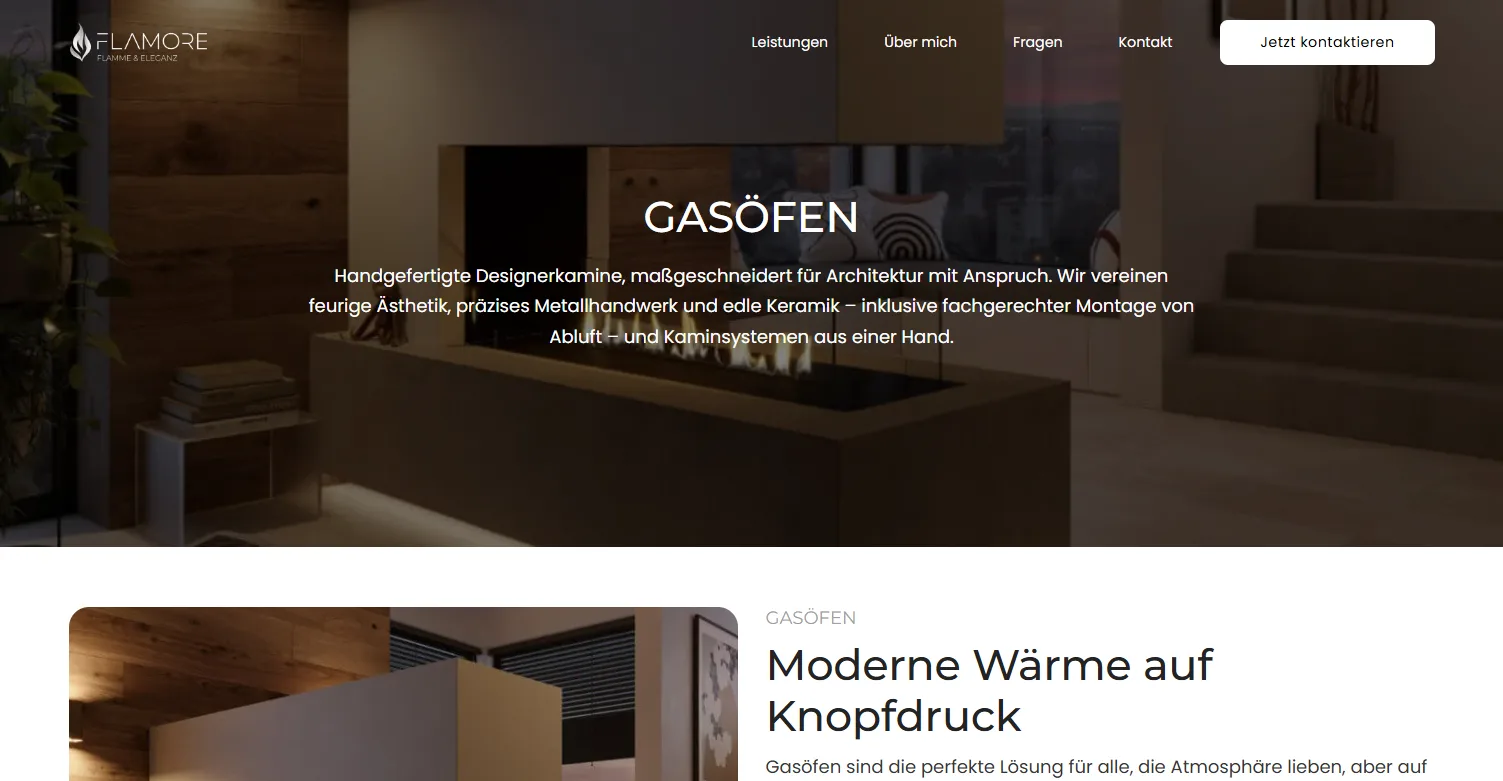 Leistungsbereich der Flamore-Website mit Gaskaminen