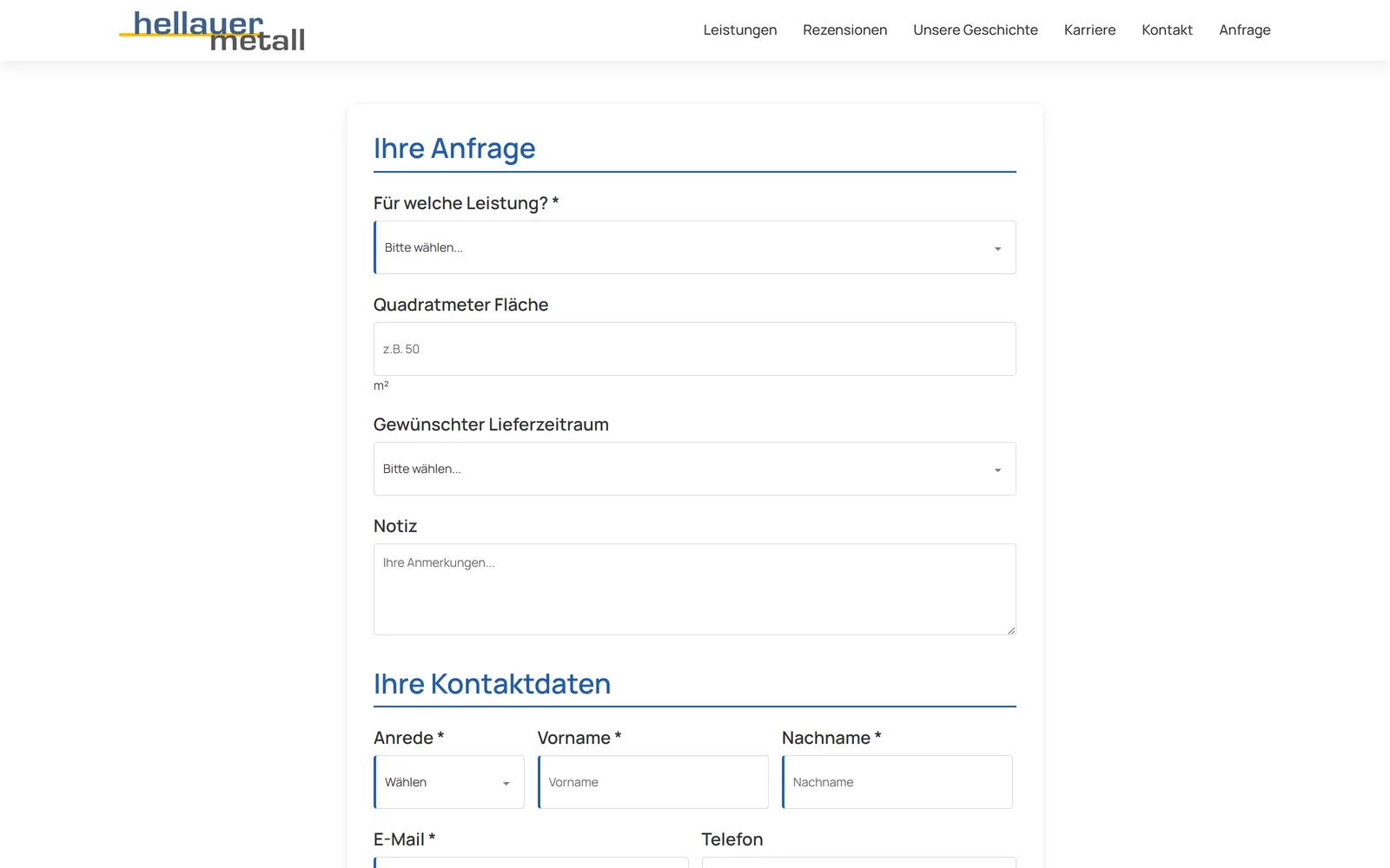 Das individuelle Anfrageformular von Hellauer Metall