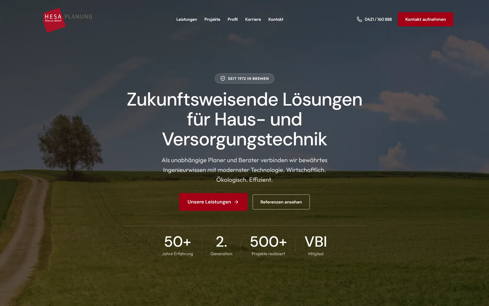 Startseite von HESA-Planung – fotografischer Hero mit Kennzahlen-Leiste